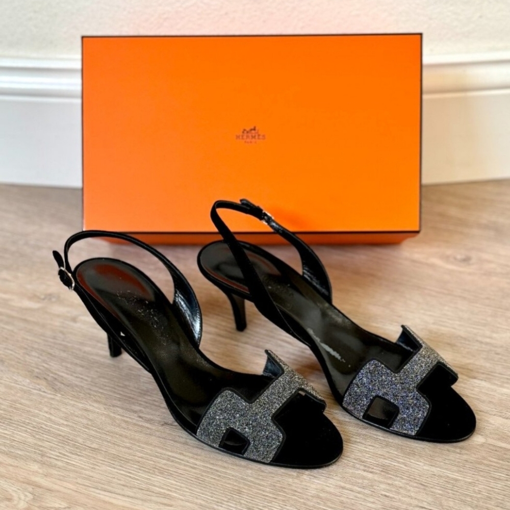 Hermes Night Crystal Black and Silver Women's Slingback Heels